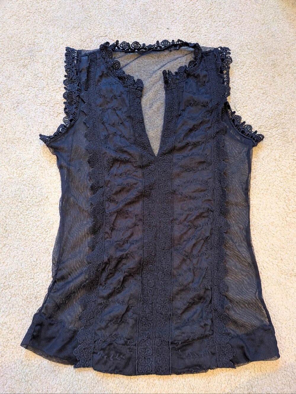 Sheer Mesh Lace Trim Sleeveless Black Top